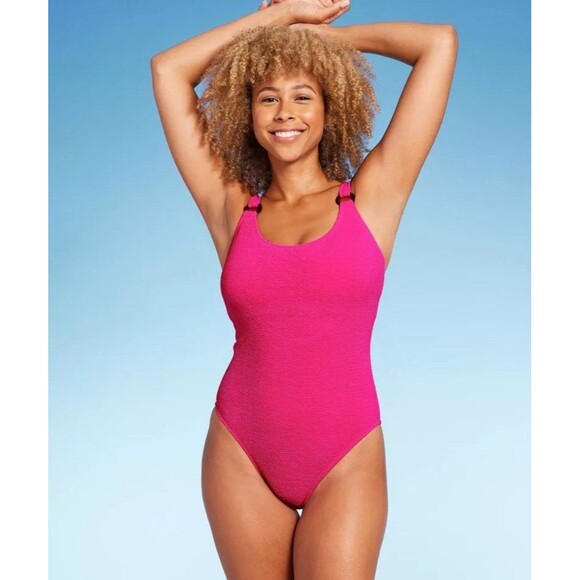 NWT Shade & Shore Square Neck Pucker Textured High Leg One Piece Swimsuit - Picture 1 of 2
